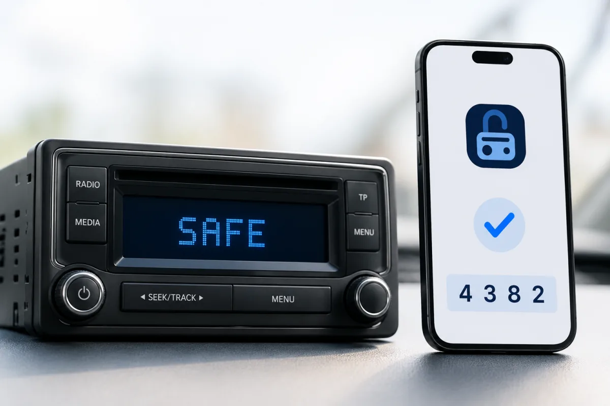 Bilradio med upplåsningskoden visad på en telefon